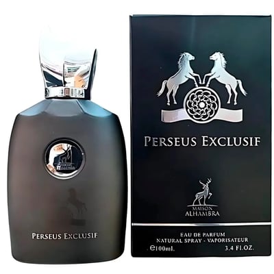 Maison Alhambra Perseus Exclusif — A dark grey perfume bottle with a silver cap and a circular emblem on the front, next to its matching black box with silver horse and deer graphics. | Maison Alhambra Perseus Exclusif — Botol minyak wangi kelabu gelap dengan penutup perak dan lambang bulat di hadapan, bersebelahan