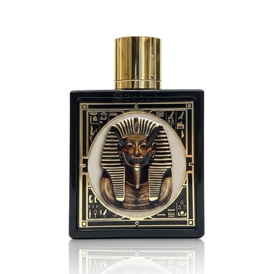 Rayhaan Pharaoh by Rayhaan 100ml EDP Unisex — Black perfume box and bottle featuring a gold pharaoh mask design, with hieroglyphics on the box.