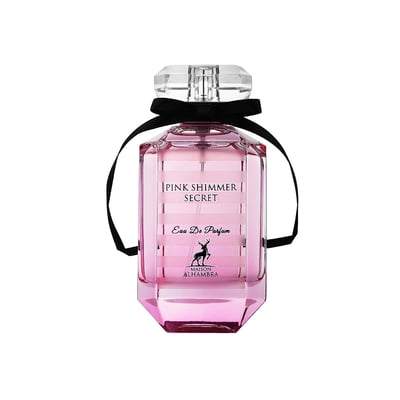 Maison Alhambra Pink Shimmer Secret 100ml — Pink perfume bottle with a black ribbon bow, next to its matching pink striped box, on a white background. | Maison Alhambra Pink Shimmer Secret 100ml — Botol minyak wangi merah jambu dengan reben hitam, bersebelahan kotak berjalur merah jambu yang sepadan, di atas latar