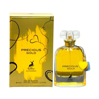 Maison Alhambra Precious Gold 80ml by Maison Alhambra — A gold-themed perfume box and bottle are displayed side-by-side against a white background. The box features abstract gold brushstrokes and a deer silhouette, while the bottle contains golden liquid and has a heart-shaped charm. | Maison Alhambra Precious Gold