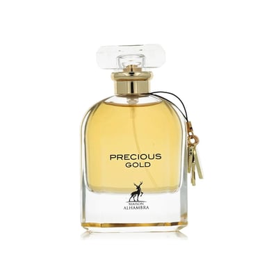 Maison Alhambra Precious Gold 80ml by Maison Alhambra — A gold-themed perfume box and bottle are displayed side-by-side against a white background. The box features abstract gold brushstrokes and a deer silhouette, while the bottle contains golden liquid and has a heart-shaped charm. | Maison Alhambra Precious Gold