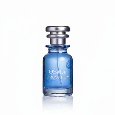 Blue perfume bottle with silver cap on a light gray background