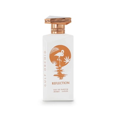 Gulf Orchid Reflection For Her 100ml by Gulf Orchid — White perfume bottle and its box, both featuring an orange circle with a flamingo and palm leaves design. | Gulf Orchid Reflection For Her 100ml by Gulf Orchid — Botol minyak wangi putih dan kotaknya, kedua-duanya menampilkan bulatan oren dengan reka bentuk