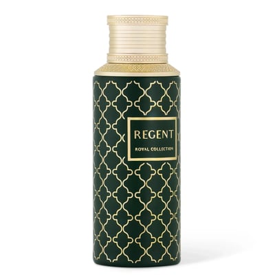 Maison Asrar Regent by Maison Asrar 100ml EDP Unisex — Dark green bottle with gold geometric pattern and gold cap, featuring a gold label with 'REGENT ROYAL COLLECTION' text.