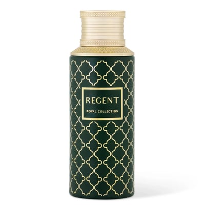Maison Asrar Regent by Maison Asrar 100ml EDP Unisex — Dark green bottle with gold geometric pattern and gold cap, featuring a gold label with 'REGENT ROYAL COLLECTION' text.