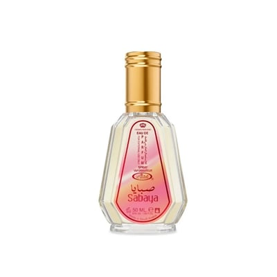 Al Rehab Sabaya 50ml EDP — A clear glass perfume bottle with a peach-colored cap sits next to its pink and yellow gradient box, both featuring the Sabaya branding. | Al Rehab Sabaya 50ml EDP — Botol minyak wangi kaca jernih dengan penutup berwarna pic duduk di sebelah kotak gradien merah jambu dan kuningnya