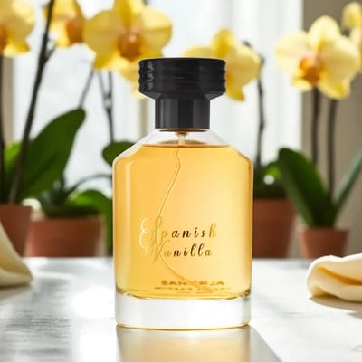 Al Rehab Spanish Vanilla Eau De Parfum 100ml — A clear glass perfume bottle with golden liquid and a black cap sits in front of its cream-colored box, which features a yellow orchid and vanilla bean illustration. | Al Rehab Spanish Vanilla Eau De Parfum 100ml — Botol minyak wangi kaca jernih dengan cecair keemasan dan