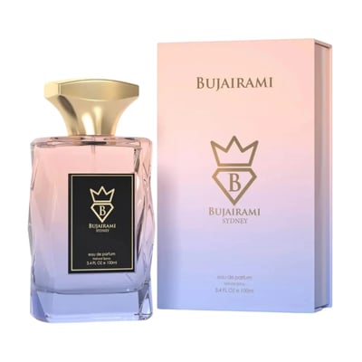Bujairami Sugar Rush Eau de Parfum — Glass bottle with gold cap and gradient pink-blue liquid next to matching box.