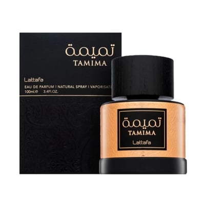 Lattafa Tamima — Black perfume bottle with gold label and black cap, next to a black product box with gold Arabic script and text | Lattafa Tamima — Botol minyak wangi hitam dengan label emas dan penutup hitam, bersebelahan kotak produk hitam dengan skrip Arab emas dan teks