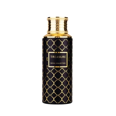 Maison Asrar Treasure by Maison Asrar 100ml EDP Unisex — Black bottle with gold geometric pattern and gold ornate cap, featuring a gold label with 'TREASURE ROYAL COLLECTION' text.