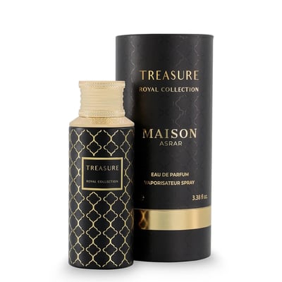 Maison Asrar Treasure by Maison Asrar 100ml EDP Unisex — Black bottle with gold geometric pattern and gold ornate cap, featuring a gold label with 'TREASURE ROYAL COLLECTION' text.