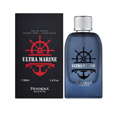 Pendora Ultra Marine 100ml — A dark blue glass perfume bottle with a silver cap stands next to its navy blue box, both featuring a red ship's wheel and anchor emblem. | Pendora Ultra Marine 100ml — Botol kaca biru gelap dengan penutup perak berdiri di sebelah kotak biru navinya, kedua-duanya menampilkan lambang roda