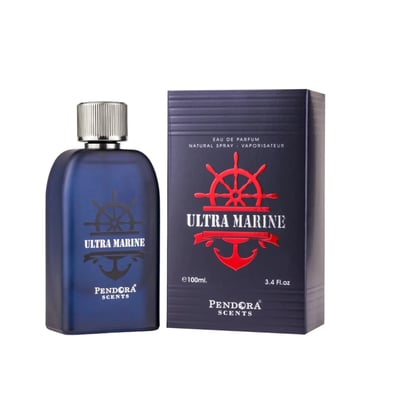 Pendora Ultra Marine 100ml — A dark blue glass perfume bottle with a silver cap stands next to its navy blue box, both featuring a red ship's wheel and anchor emblem. | Pendora Ultra Marine 100ml — Botol kaca biru gelap dengan penutup perak berdiri di sebelah kotak biru navinya, kedua-duanya menampilkan lambang roda
