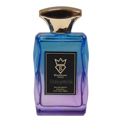 Bujairami Unforgettable Eau de Parfum — A faceted glass perfume bottle with a gold cap sits next to its gradient purple and