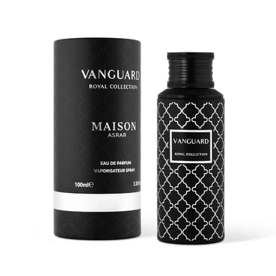 Maison Asrar Vanguard by Maison Asrar 100ml EDP Unisex — Black bottle with white geometric pattern and a white label with 'VANGUARD' and 'ROYAL COLLECTION' text.