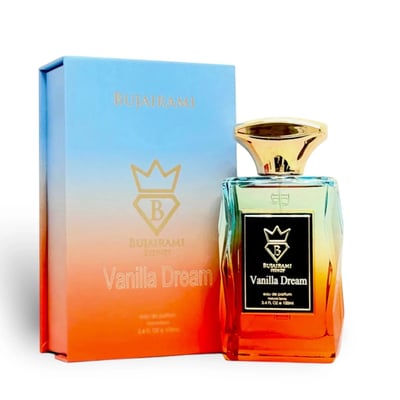 Bujairami Vanilla Dream — Perfume bottle with gradient orange-blue box, gold cap, and black label