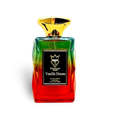 Bujairami Vanilla Dream — Perfume bottle with gradient orange-blue box, gold cap, and black label