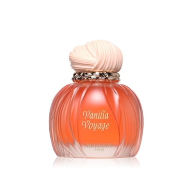 Maison Asrar Vanilla Voyage — Amber glass perfume bottle with a textured peach cap and gold trim, next to its peach box with a perfume silhouette.