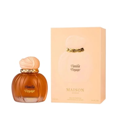 Maison Asrar Vanilla Voyage — Amber glass perfume bottle with a textured peach cap and gold trim, next to its peach box with a perfume silhouette.