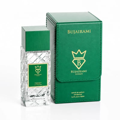 Bujairami Vibration by Bujairami 100ml Extrait de Parfum — Clear glass bottle with green cap and label next to a green