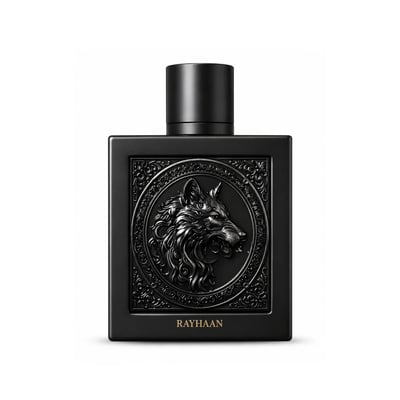 Rayhaan Wolf by Rayhaan 100ml EDP for Men — Black perfume bottle and box with embossed gold wolf head design, set against a white background.