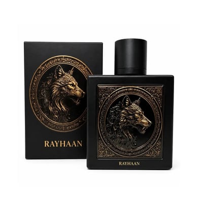 Rayhaan Wolf by Rayhaan 100ml EDP for Men — Black perfume bottle and box with embossed gold wolf head design, set against a white background.