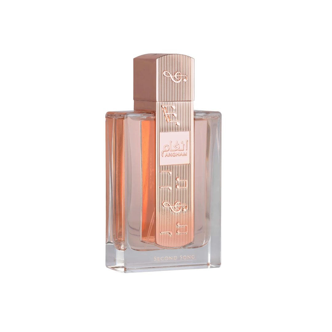 Lattafa Angham Second Song Perfume — Pink box and glass bottle with rose gold cap, featuring musical notes design.