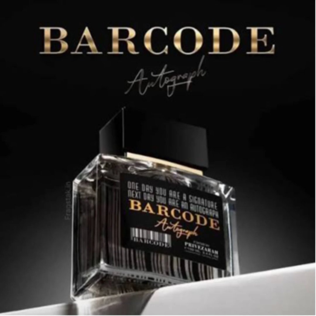 Paris Corner Autograph 100ml — A perfume bottle and its box are displayed side-by-side against a white background. Both feature a barcode design and the text "BARCODE Autograph" in gold lettering. | Paris Corner Autograph 100ml — Sebotol minyak wangi dan kotaknya dipamerkan bersebelahan di atas latar belakang putih.