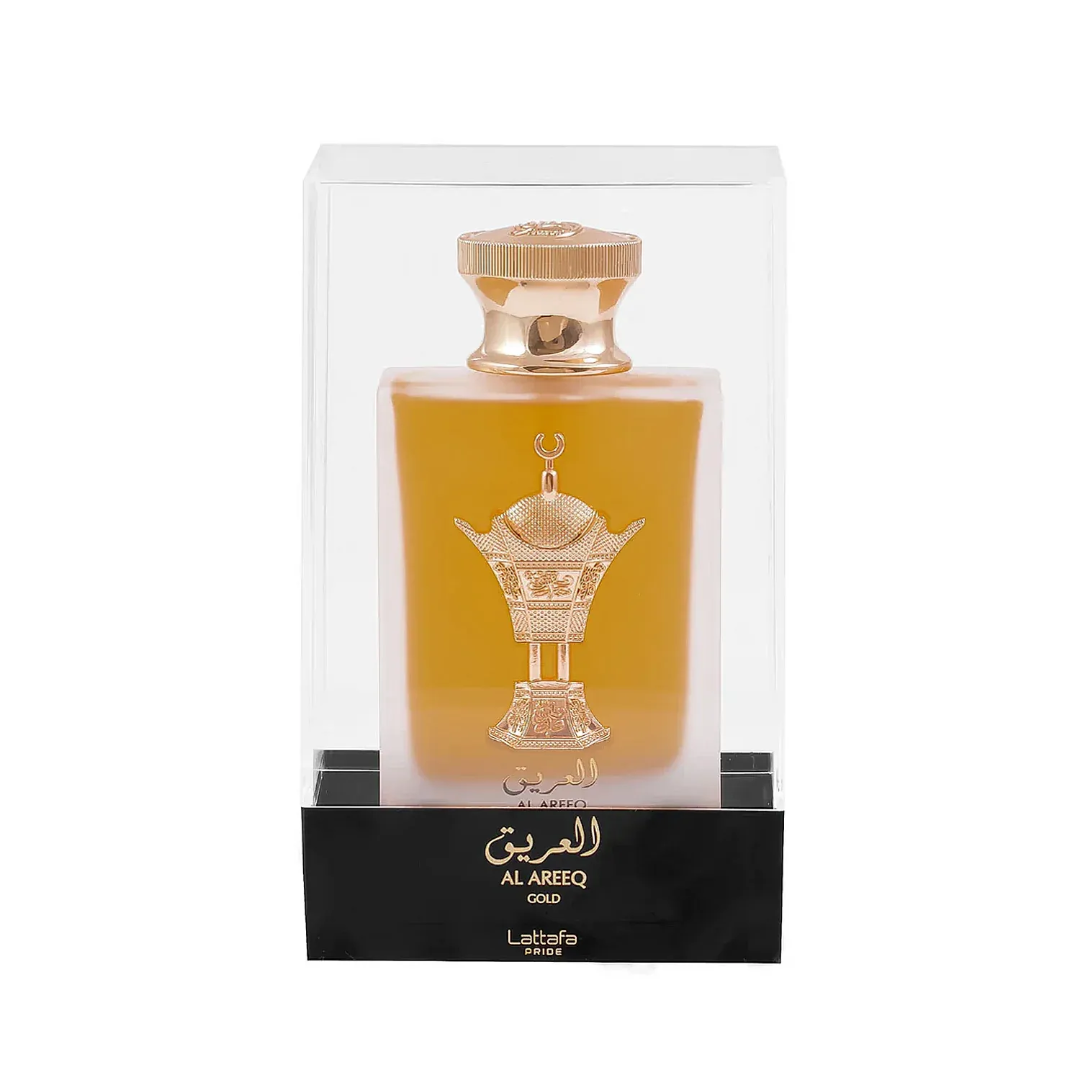 Lattafa Pride Al Areeq Gold 100ml EDP glass bottle gold cap white box WangiWorld luxury perfume bottle.