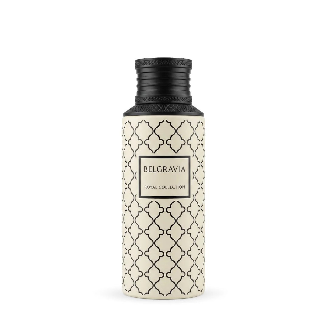 Maison Asrar Belgravia by Maison Asrar Eau de Parfum — A cream-colored perfume bottle with a black patterned design and a black textured cap, featuring a black label with white text 'BELGRAVIA ROYAL COLLECTION'.