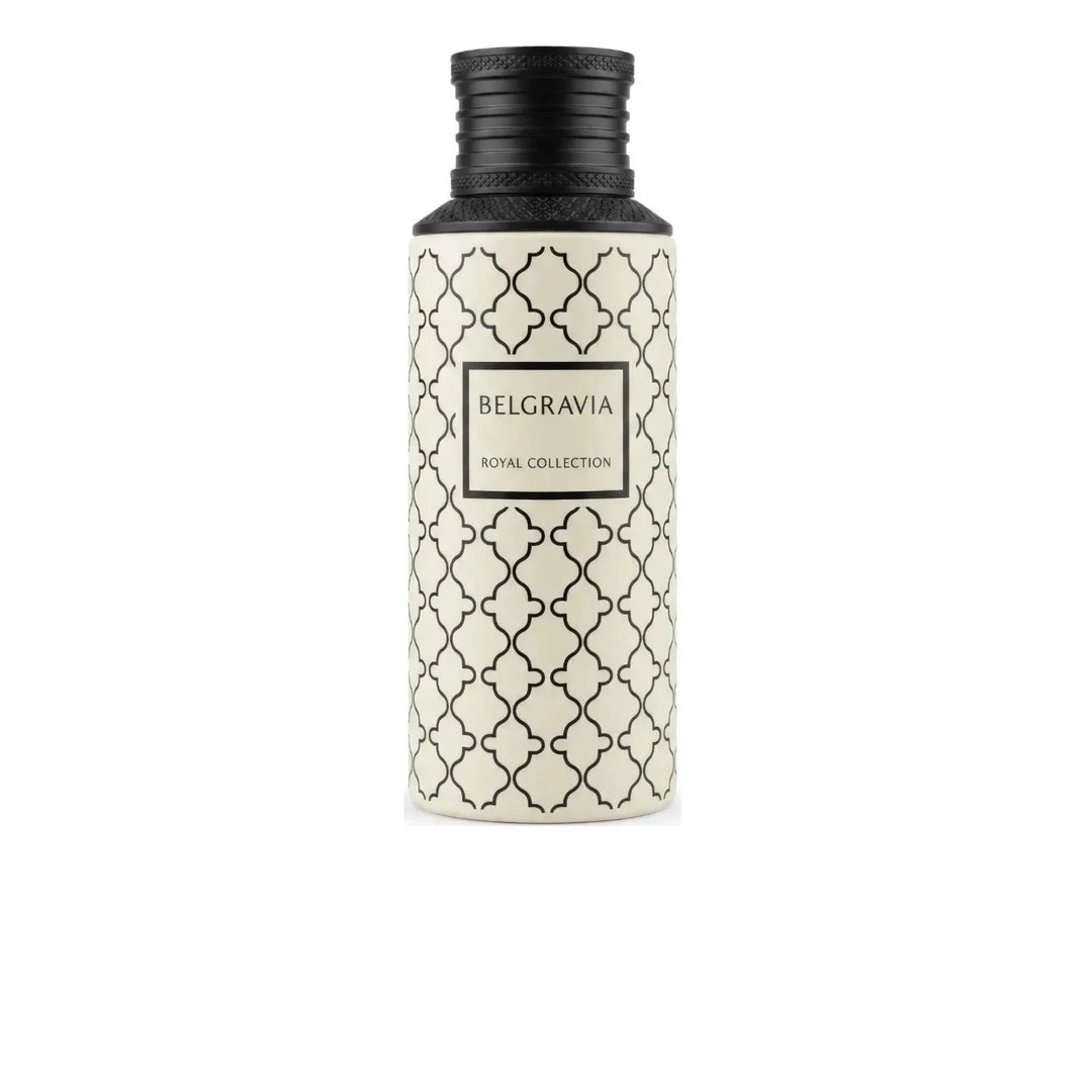 Maison Asrar Belgravia by Maison Asrar Eau de Parfum — A cream-colored perfume bottle with a black patterned design and a black textured cap, featuring a black label with white text 'BELGRAVIA ROYAL COLLECTION'.
