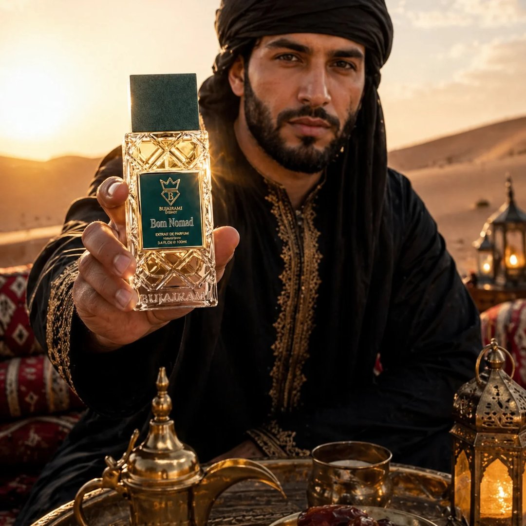 Bujairami Born Nomad — Teal leather case and gold-accented glass perfume bottle with teal cap, both featuring the Bujairami