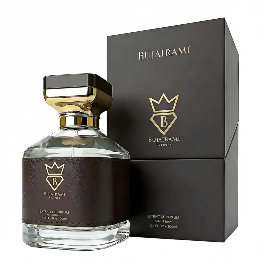 Bujairami Boss Life 100ml Extrait de Parfum — Clear glass bottle with dark label, gold cap, and crown logo