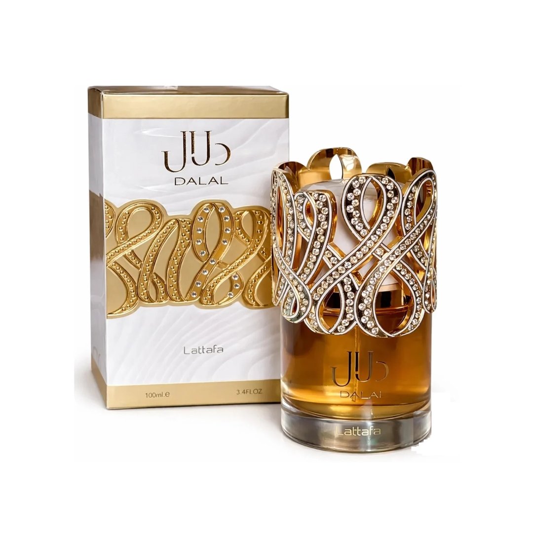 Lattafa Dalal Lattafa 100ml Women — Perfume bottle with ornate gold filigree cap, adorned with rhinestones, next to its white and gold box with matching filigree design.