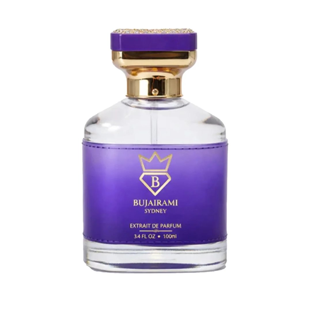 Bujairami Executor by Bujairami 100ml Extrait de Parfum — Purple bottle with gold accents and jeweled cap next to a matching