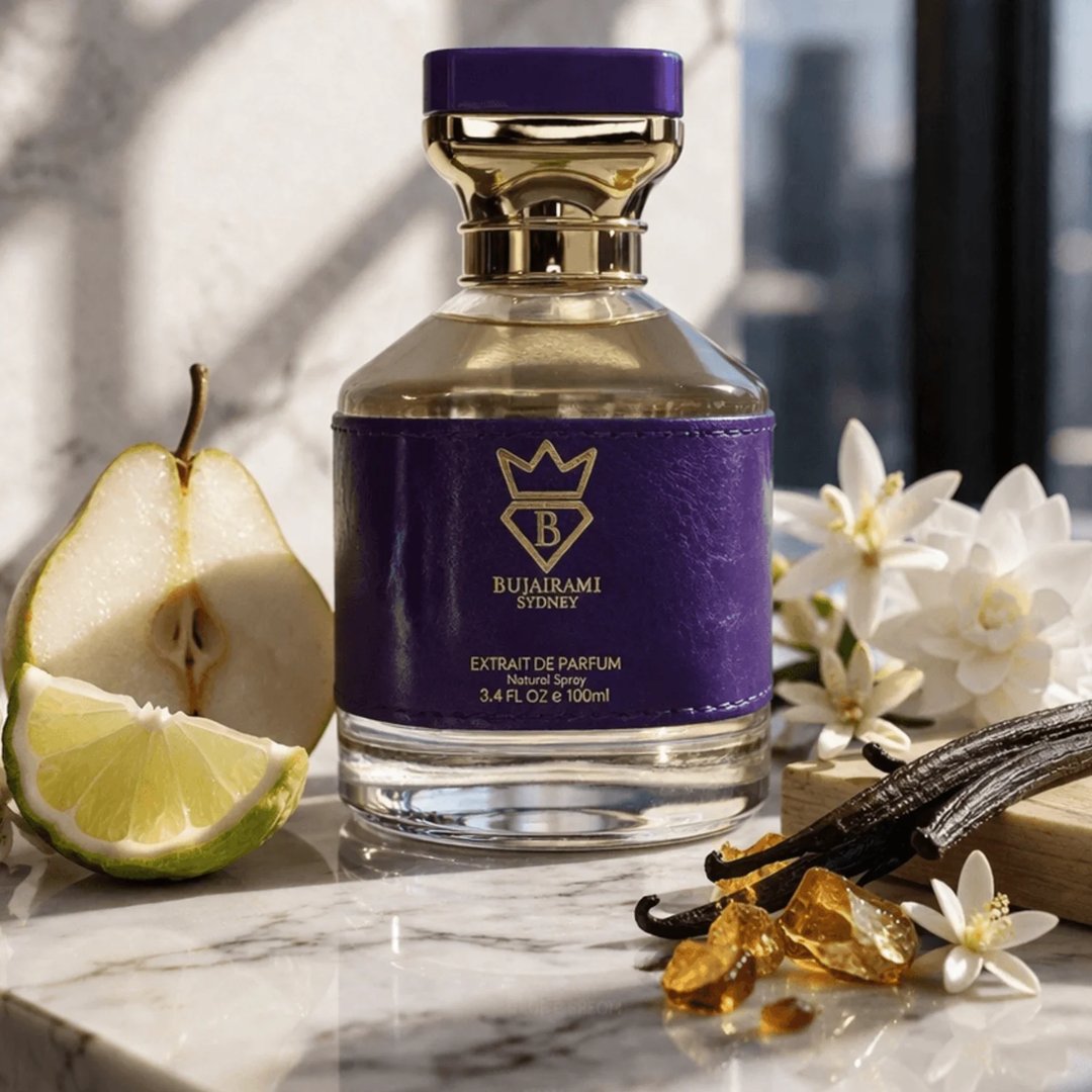 Bujairami Executor by Bujairami 100ml Extrait de Parfum — Purple bottle with gold accents and jeweled cap next to a matching