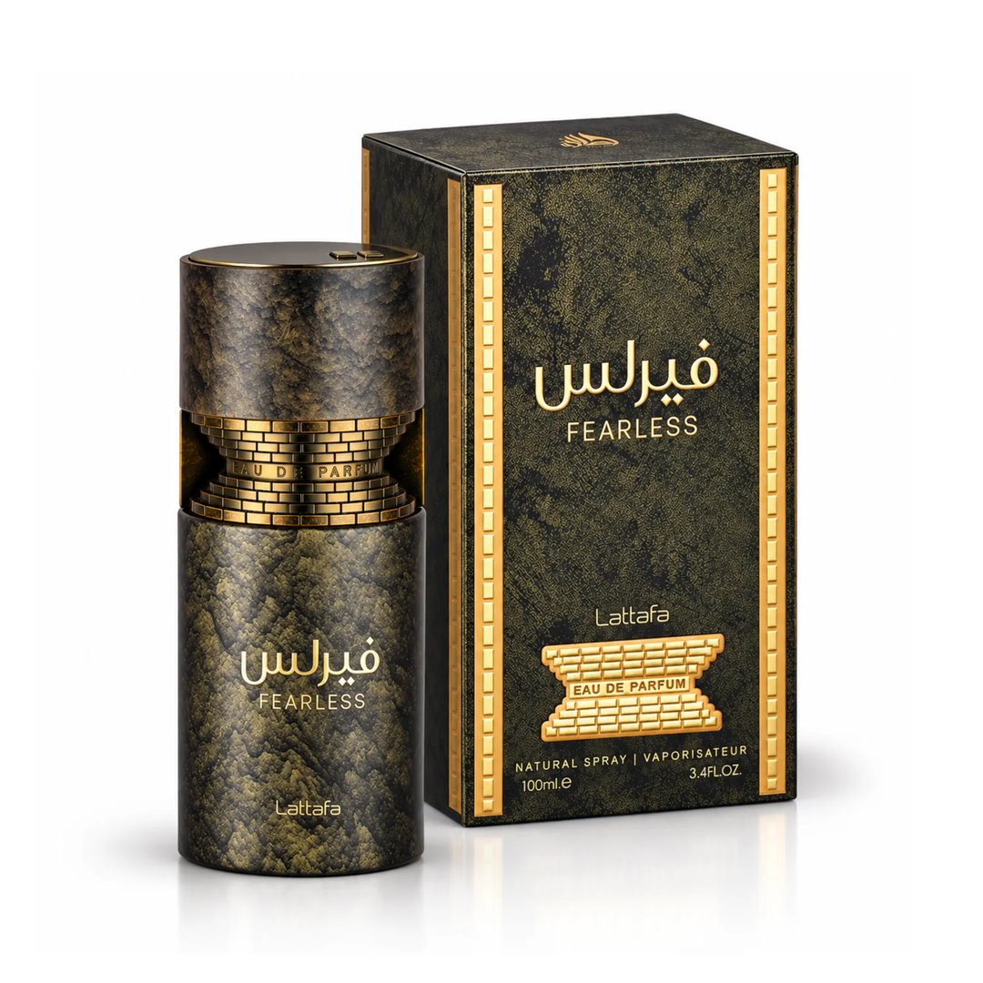 Lattafa Fearless by Lattafa 100ml EDP Men — Cylindrical dark textured bottle with gold accents and Arabic script, featuring the word FEARLESS and Lattafa branding.