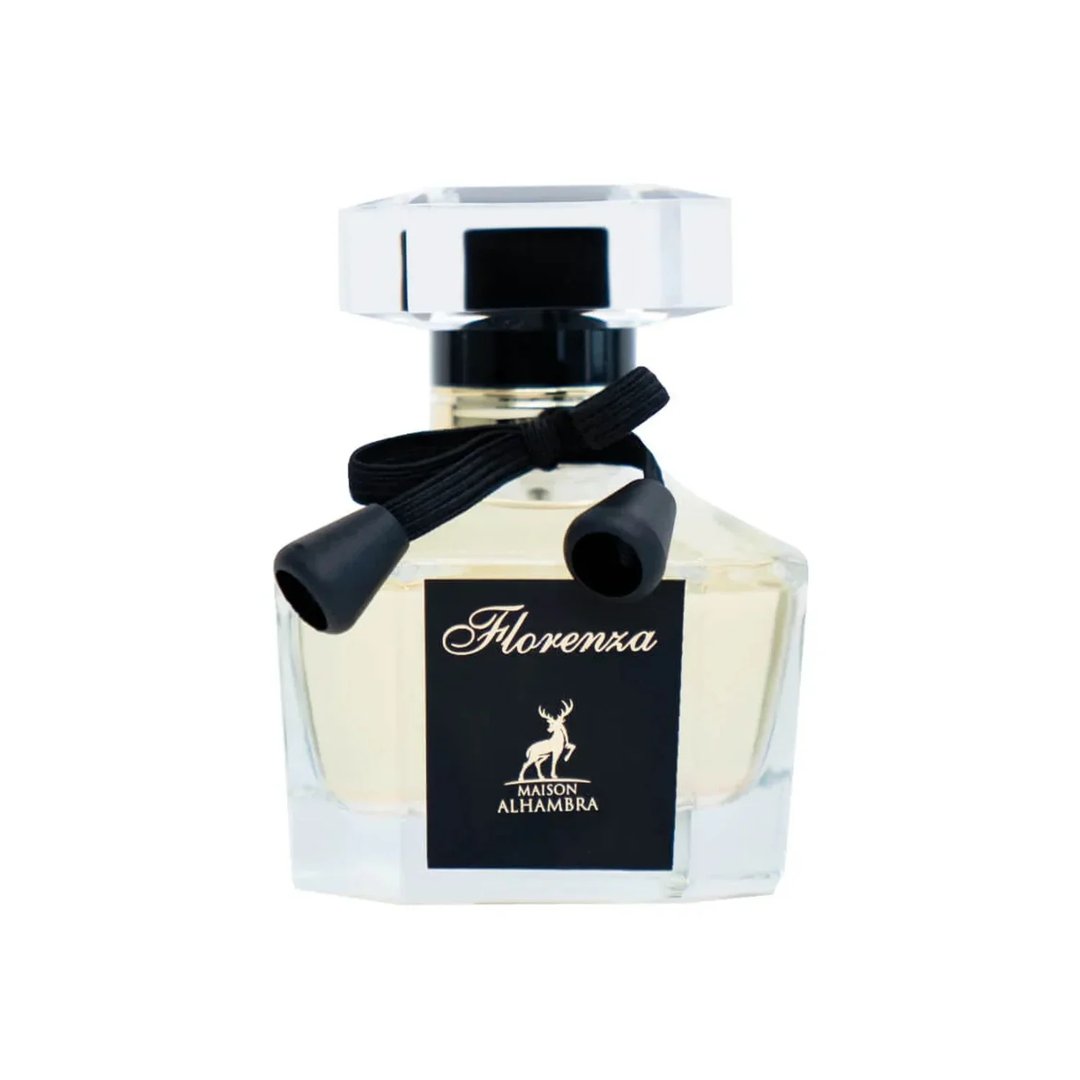Maison Alhambra Florenza 100ml Maison Alhambra Florence — A perfume bottle and its box are displayed against a white background. The box has a floral design and the bottle is octagonal with a black ribbon. | Maison Alhambra Florenza 100ml Maison Alhambra Florence — Botol minyak wangi dan kotaknya dipamerkan berlatar