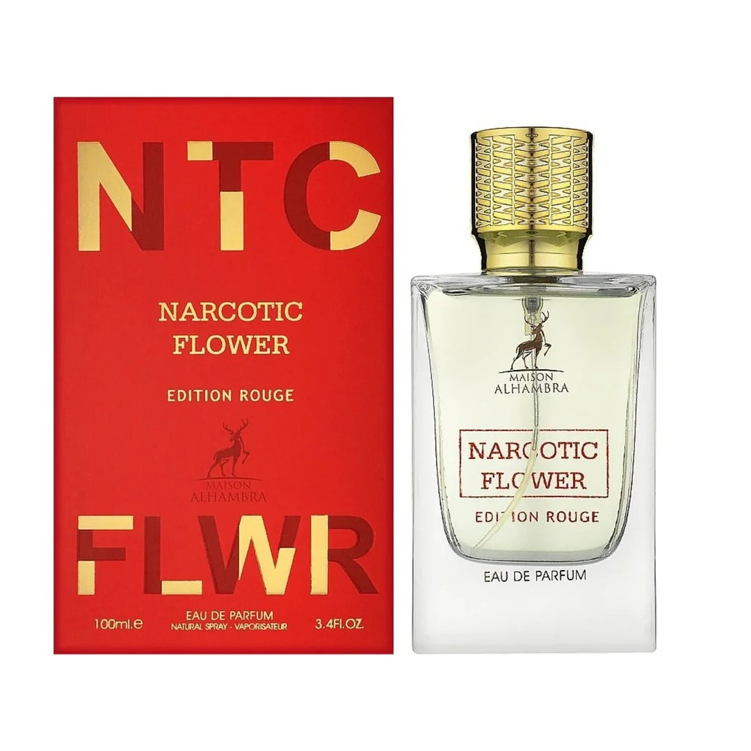 Maison Alhambra Flower Addiction Edition Rouge 100ml — A red and black perfume box stands next to a clear glass perfume bottle with a gold textured cap and a deer logo. | Maison Alhambra Flower Addiction Edition Rouge 100ml — Kotak pewangi merah dan hitam berdiri di sebelah botol pewangi kaca jernih dengan penutup