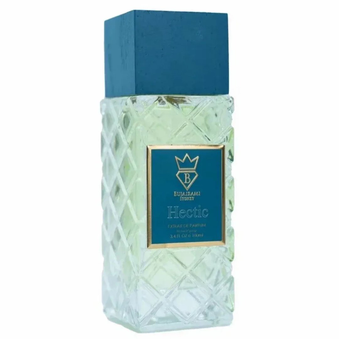 Bujairami Hectic — Clear faceted glass perfume bottle with blue cap next to blue presentation box with gold logo