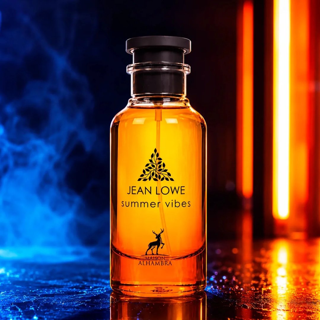 Maison Alhambra Jean Lowe Summer Vibes 100ml Alhambra — A perfume bottle with a gradient of yellow to orange to red liquid, set against a bright yellow box and a white cylindrical case. | Maison Alhambra Jean Lowe Summer Vibes 100ml Alhambra — Botol minyak wangi dengan cecair gradien dari kuning ke jingga ke merah
