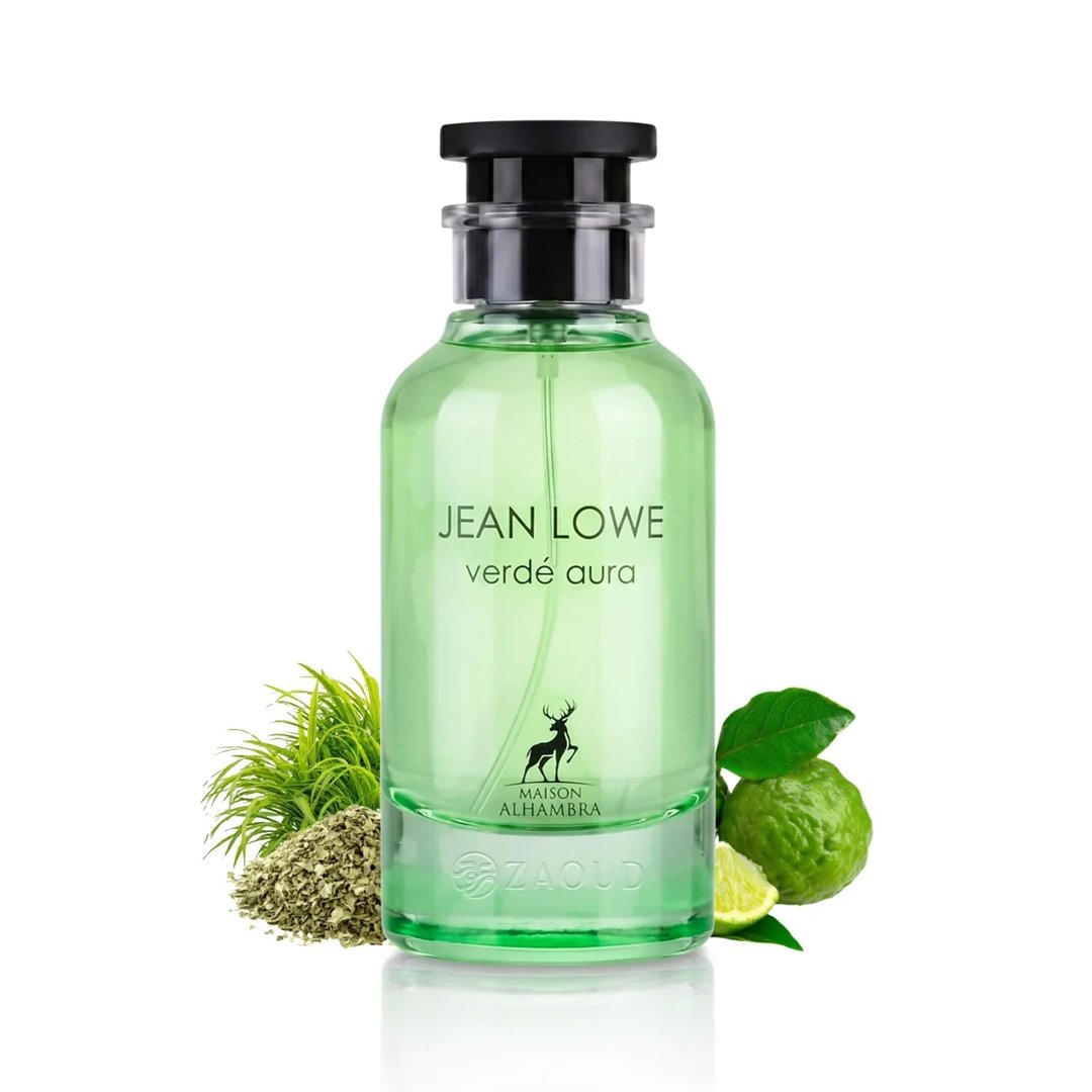 Maison Alhambra Jean Lowe Verde Aura Alhambra 100ml — A green glass perfume bottle and its matching light green box with cactus and leaf illustrations, set against a white background. | Maison Alhambra Jean Lowe Verde Aura Alhambra 100ml — Botol kaca hijau dan kotak hijau muda padanannya dengan ilustrasi kaktus dan