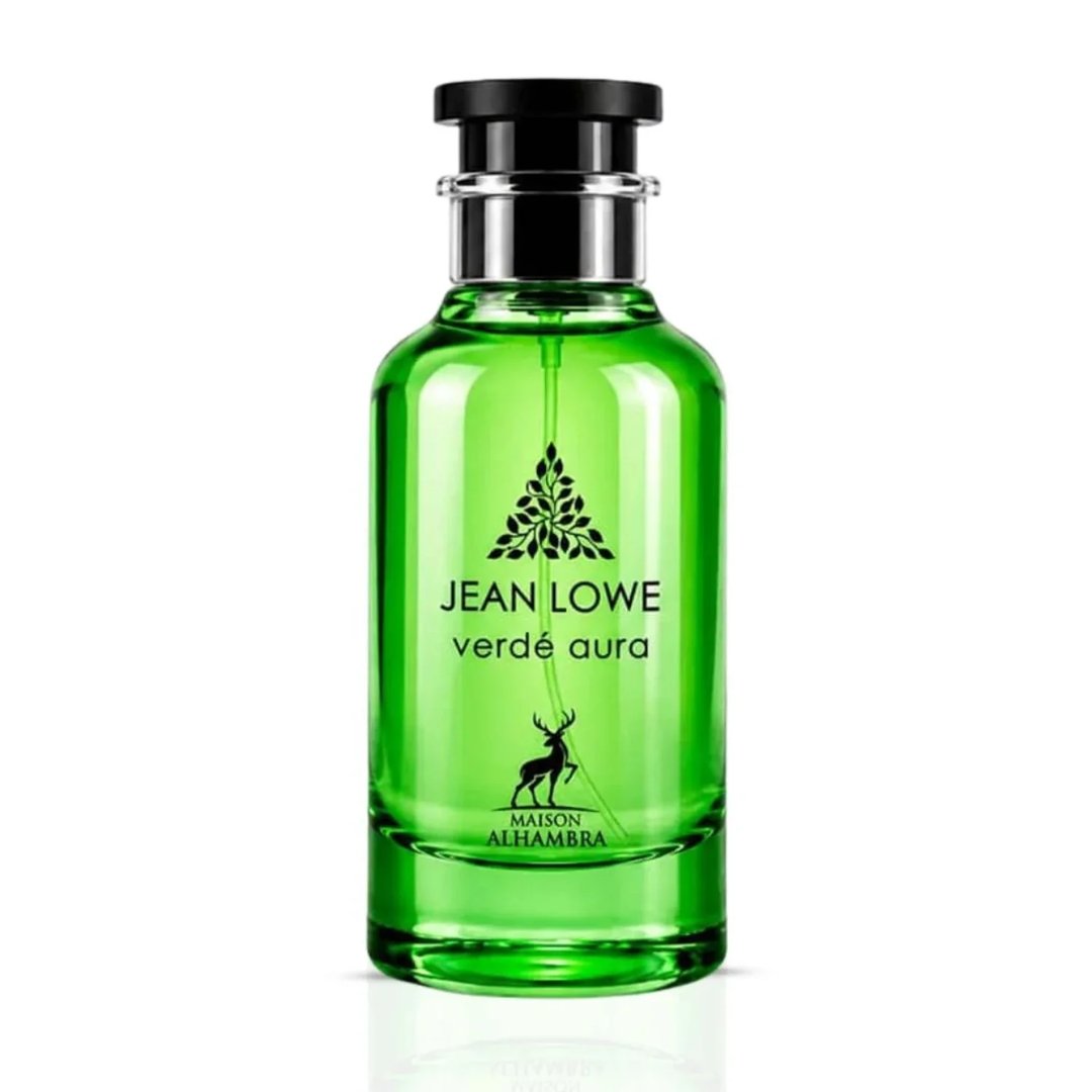 Maison Alhambra Jean Lowe Verde Aura Alhambra 100ml — A green glass perfume bottle and its matching light green box with cactus and leaf illustrations, set against a white background. | Maison Alhambra Jean Lowe Verde Aura Alhambra 100ml — Botol kaca hijau dan kotak hijau muda padanannya dengan ilustrasi kaktus dan