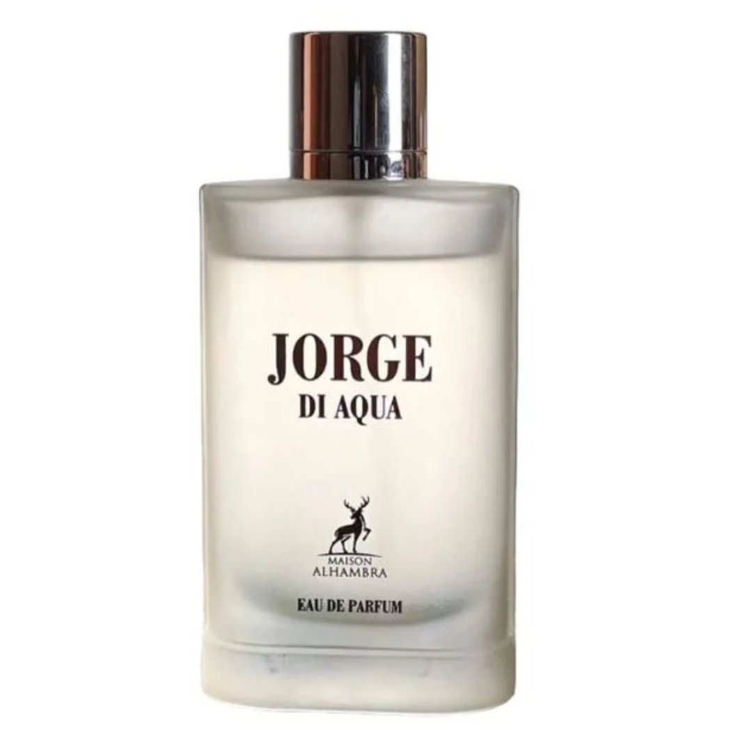 Maison Alhambra Jorge Di Profumo Aqua — A white box and a frosted glass bottle of Jorge Di Profumo Aqua perfume, with a deer logo on both. | Maison Alhambra Jorge Di Profumo Aqua — Kotak putih dan botol kaca beku minyak wangi Jorge Di Profumo Aqua, dengan logo rusa pada kedua-duanya.