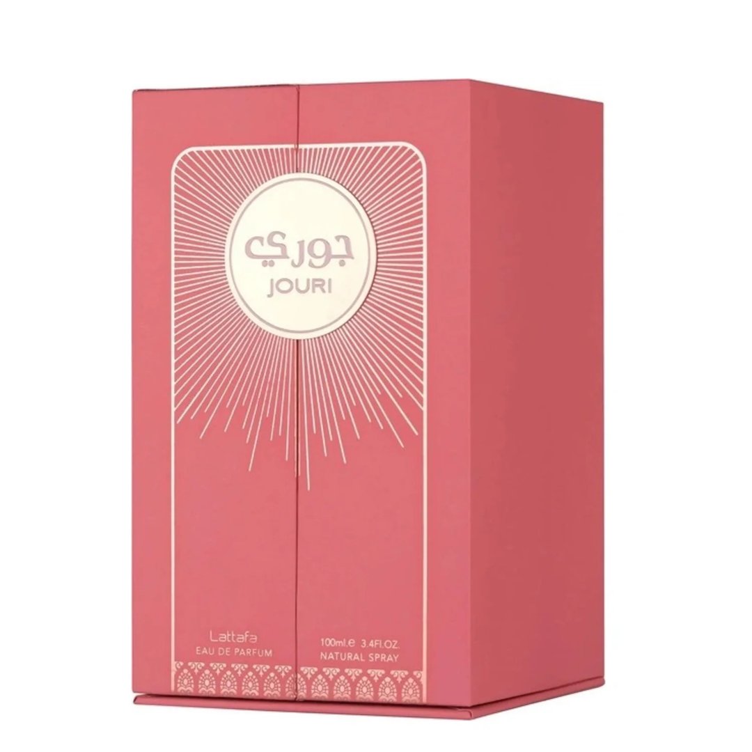 Lattafa Jouri Lattafa Women 100ml EDP — Pink perfume bottle with gold accents and a matching pink box, featuring sunburst design and Arabic script.