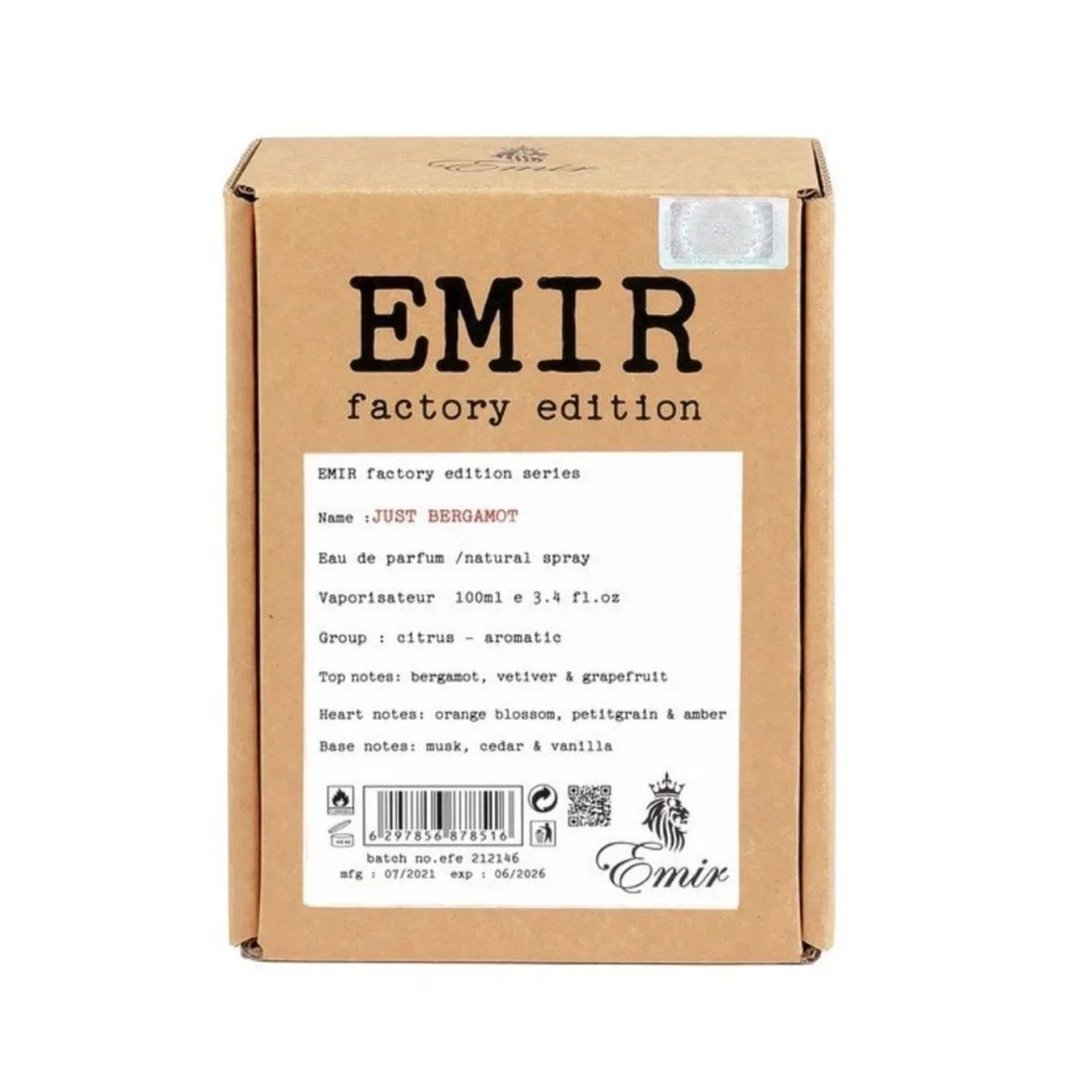 Paris Corner Just Bergamot Emir Factory Edition Man 100ml — A brown cardboard box with product details and a clear glass perfume bottle with a silver cap, both featuring the "EMIR factory edition" branding. | Paris Corner Just Bergamot Emir Factory Edition Man 100ml — Kotak kadbod coklat dengan butiran produk dan