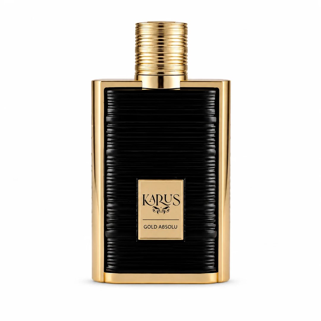 Khadlaj Karus Gold Absolu by Khadlaj 100ml EDP Unisex — Black ribbed bottle with gold accents and cap, next to its dark brown box with gold vertical lines and a gold label.
