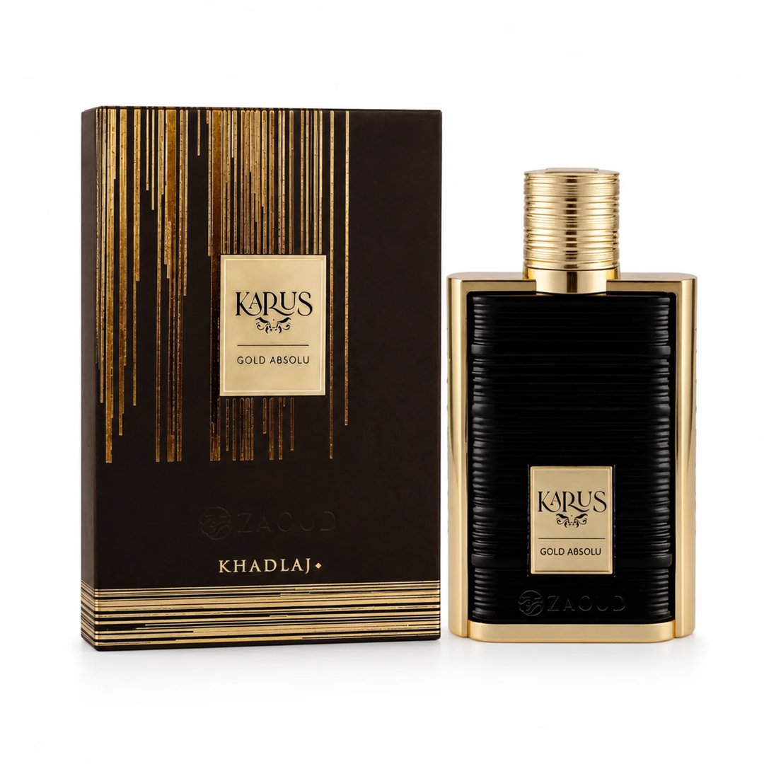 Khadlaj Karus Gold Absolu by Khadlaj 100ml EDP Unisex — Black ribbed bottle with gold accents and cap, next to its dark brown box with gold vertical lines and a gold label.