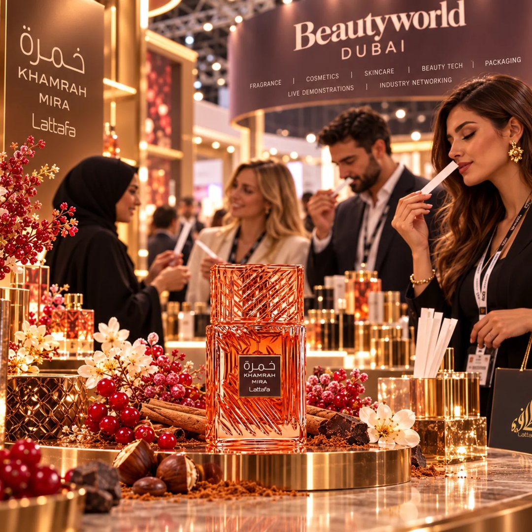 Lattafa Khamrah Mira by Lattafa EDP Unisex — Amber glass perfume bottle with a textured cap, next to its pink and blue watercolor-style box with gold accents.