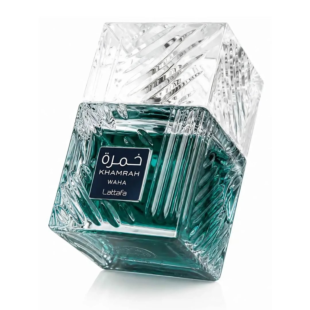 Lattafa Khamrah Waha Lattafa Perfumes 100ml EDP — Blue marbled box with white frame and Arabic text Khamrah